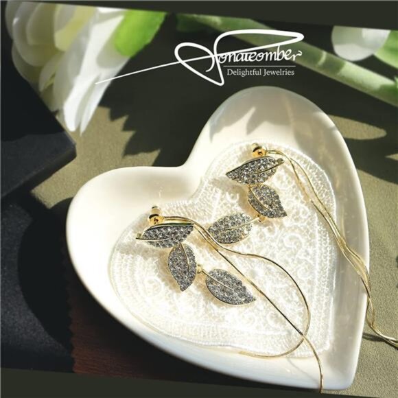 Long Gold Threader Tassel Earrings Dainty Rhinestone Crystal Butterfly Heart - Picture 2 of 7